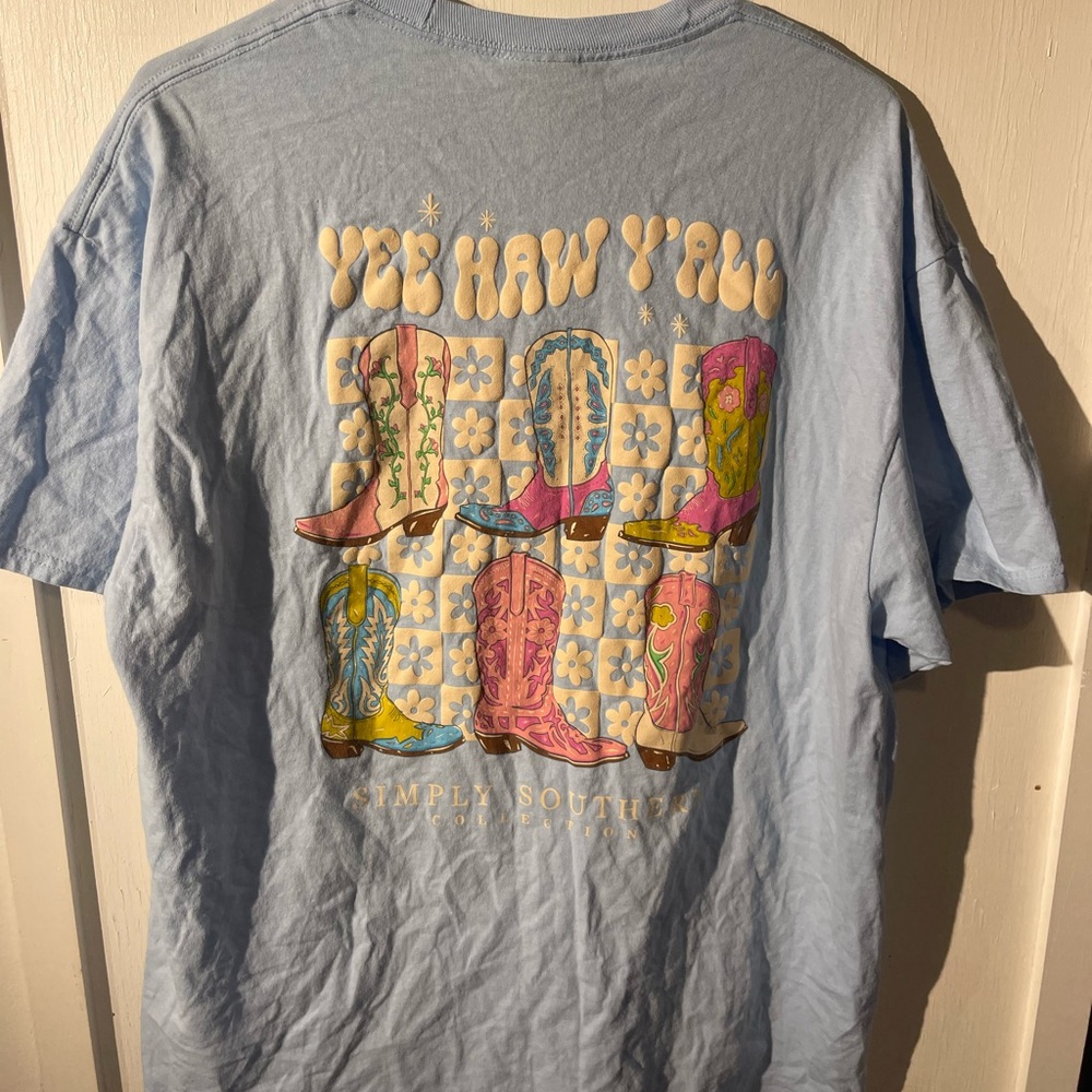 Simply Southern Shirt Womens Extra Large Baby Blue With Cowgirl Boots